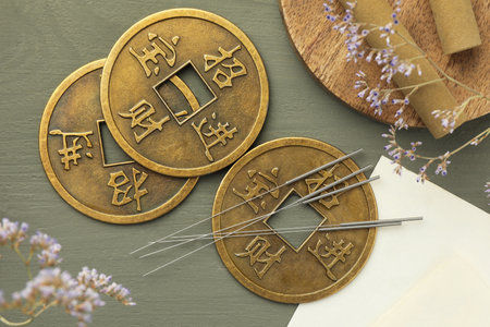 Acupuncture needles, moxa sticks and antique Chinese coins on gray wooden table, flat layの写真素材