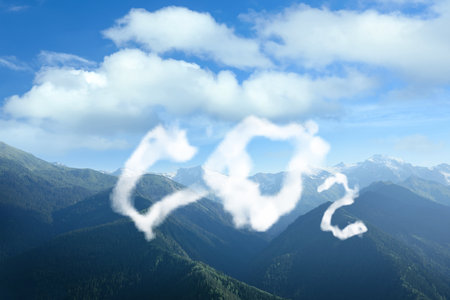 Concept of clear air. CO2 inscription and beautiful mountain landscapeの写真素材