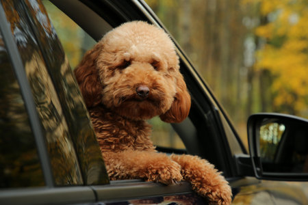 Cute dog in black car, view from outside