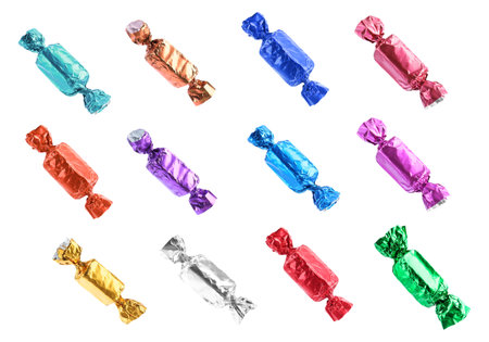 Tasty candies in bright wrappers isolated on white, setの写真素材