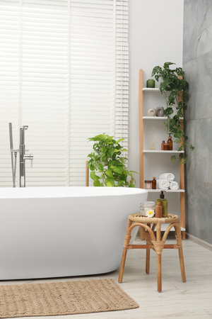 Spa day. Stylish bathroom interior with ceramic tub and green houseplantsの写真素材