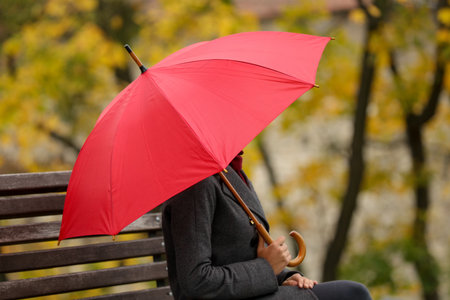 Woman with red umbrella sitting on bench in autumn parkの写真素材