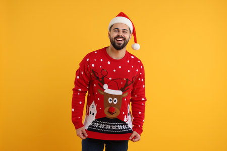 Happy young man in Christmas sweater and Santa hat on orange backgroundの写真素材
