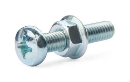 One metal screw with nut isolated on whiteの写真素材