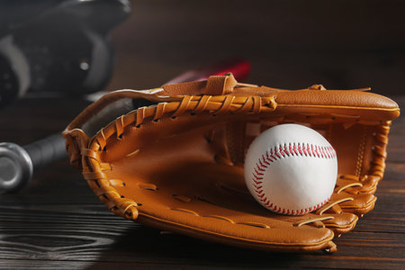 Baseball glove and ball on wooden table, closeup