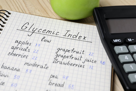 Notebook with products of low, moderate and high glycemic index, calculator and apple on table, closeupの写真素材