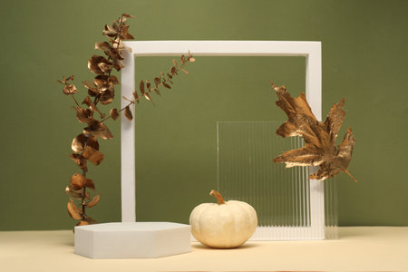 Autumn presentation for product. Geometric figures, pumpkin and branch with golden leaves on color...