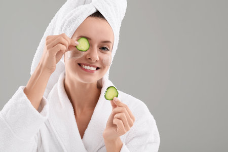 Woman with cosmetic product on her face and cucumber slices against gray background, space for text. Spa treatmentsの写真素材