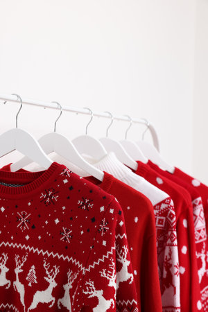Rack with different Christmas sweaters on white backgroundの写真素材