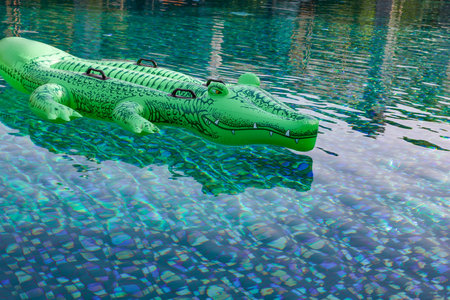 Float in shape of crocodile in swimming pool outdoorsの写真素材