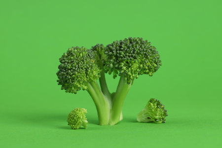 Fresh raw broccoli on light green backgroundの写真素材
