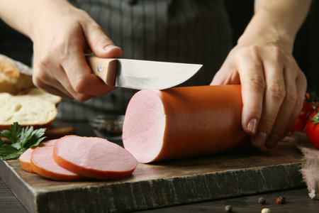 Woman cutting tasty boiled sausage at dark table, closeupの写真素材