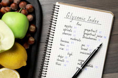 Notebook with products of low, moderate and high glycemic index, pen and food on wooden table, flat layの写真素材