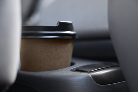 Coffee to go. Paper cup with tasty drink in holder inside of car, closeupの写真素材
