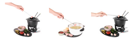 Woman dipping piece of raw meat into fondue pots on white background, set of photosの写真素材