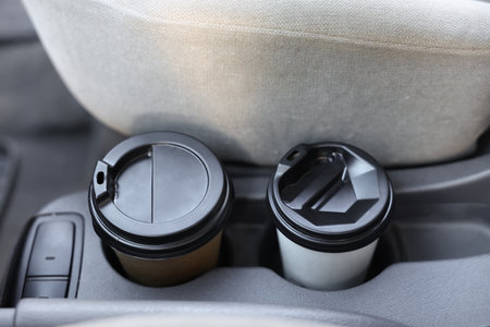 Coffee to go. Paper cups with tasty drink in holder inside of car, closeupの写真素材