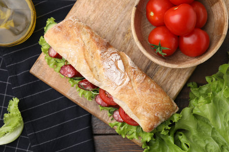 Delicious sandwich with sausages and vegetables on wooden table, flat layの写真素材