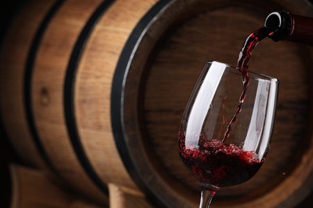 Pouring delicious wine into glass against wooden barrel, closeupの写真素材