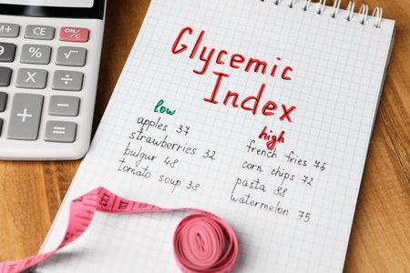 List with products of low and high glycemic index in notebook calculator and measuring tape on wooden table, closeupの写真素材