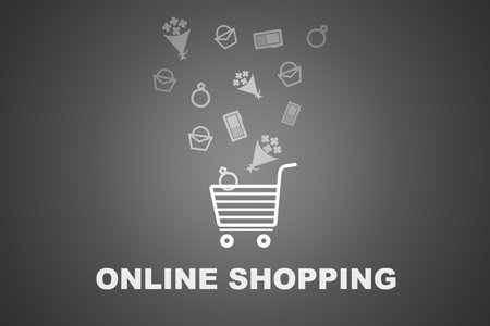 Online shopping. Illustration of different stuff falling into cart on gray backgroundの写真素材