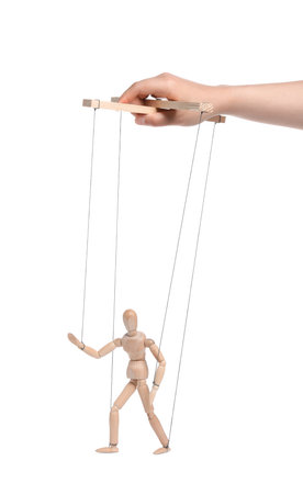 Woman pulling strings of puppet on white background, closeupの写真素材