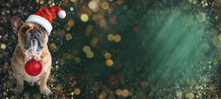 Adorable puppy in Santa hat holding red Christmas ball on green background. Banner design with space for textの写真素材