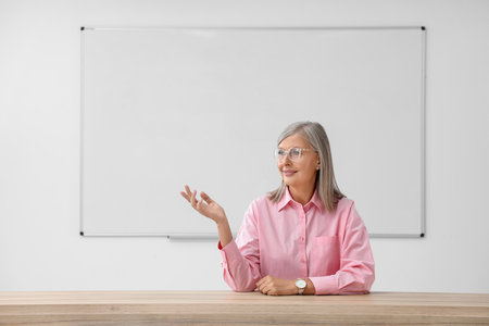 Professor giving lecture at desk in classroom, space for textの写真素材