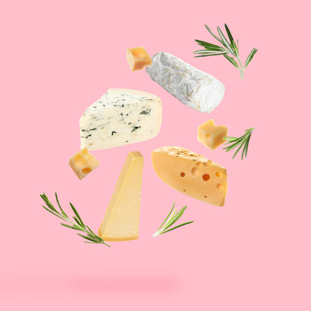 Different kinds of cheese and rosemary falling on pink backgroundの写真素材