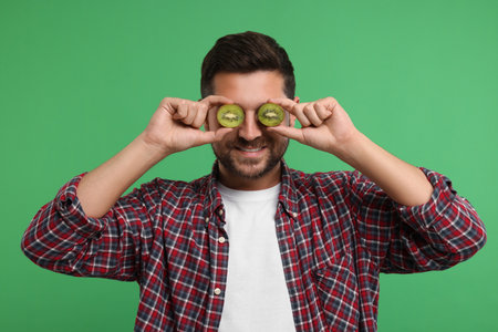 Man covering his eyes with halves of kiwi on green backgroundの写真素材