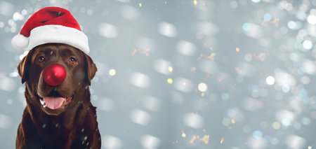 Adorable dog in Santa hat having red Christmas ball nose on gray background. Banner design with space for textの写真素材