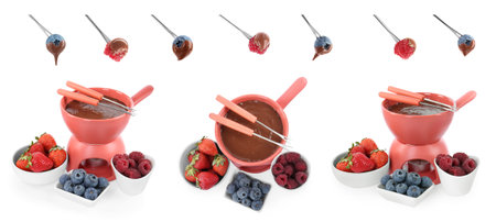 Fondue pot, forks with berries dipped into chocolate isolated on white, setの写真素材