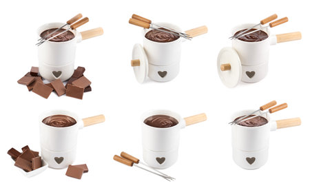 Fondue pot with chocolate and forks isolated on white, setの写真素材