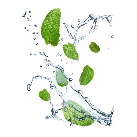 Mint leaves and splashes of water on white backgroundの写真素材