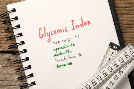 Glycemic Index. Notebook with information and measuring tape on wooden table, top viewの写真素材