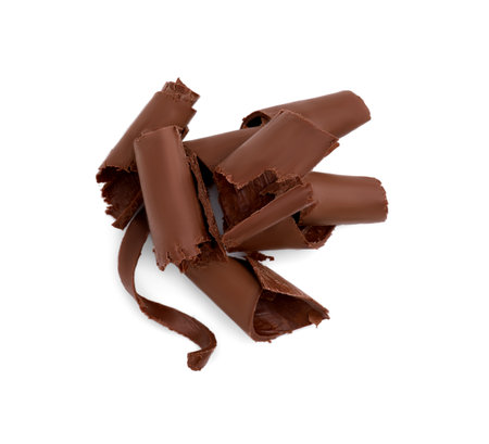 Pile of tasty chocolate curls isolated on white, top viewの写真素材