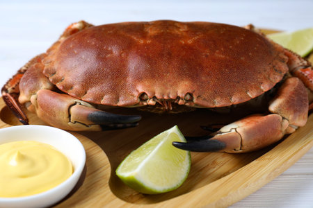 Delicious boiled crab served with lime and sauce on white table, closeupの写真素材