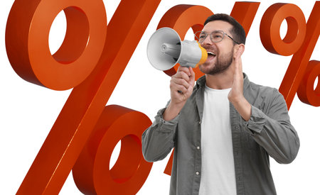 Discount offer. Man shouting into megaphone on white background. Illustrations of percent signs near himの写真素材