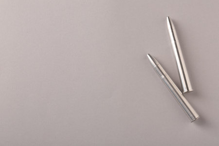 Two metal bullets on light gray background, flat lay. Space for text