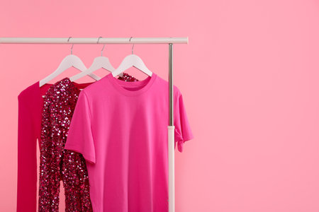 Rack with different stylish women`s clothes on pink background, space for textの写真素材