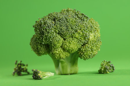 Fresh raw broccoli on light green backgroundの写真素材