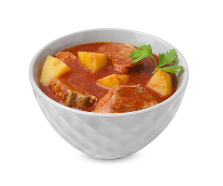 Delicious goulash in bowl isolated on whiteの写真素材