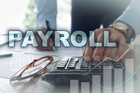 Payroll. Man using calculator at table, closeup. Illustrations of bar graphs, arrows and icons