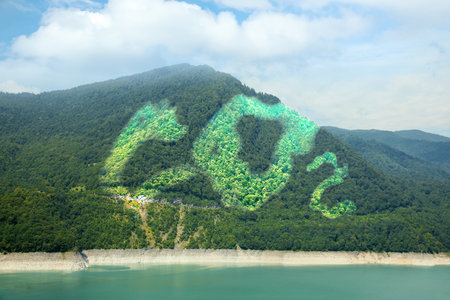 Concept of clear air. CO2 description, beautiful mountain landscape and lake