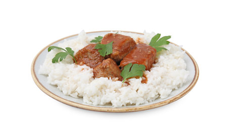 Delicious goulash with rice isolated on whiteの写真素材
