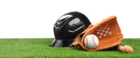 Baseball bat, ball, batting helmet and glove on artificial grass against white background, space for...