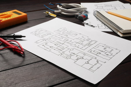 Wiring diagrams, office stationery, wires and digital multimeter on wooden tableの写真素材