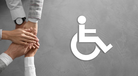 Inclusive workplace culture, banner design. International symbol of access. People holding hands...