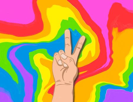Person showing peace gesture against background in colors of pride flag, illustrationの写真素材
