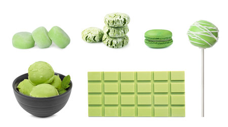 Matcha tea products, collection. Ice cream, chocolate, cookies, cake pop and mochi isolated on whiteの写真素材