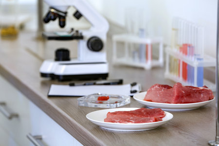 Meat on table in laboratory. Proceeding quality controlの写真素材